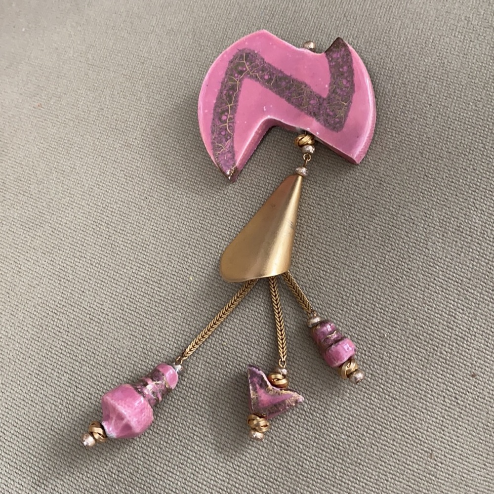 Vintage set pink glass earrings brooch bracelet - Picture 6 of 8